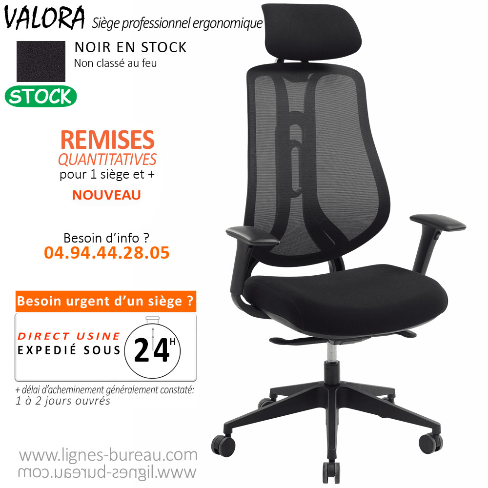 Fauteuil de bureau professionnel VALORA, assise mousse 50kg/m3 réglable en profondeur