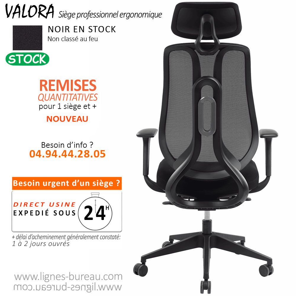 Fauteuil ergonomique VALORA avec dossier réglable en hauteur en mailles