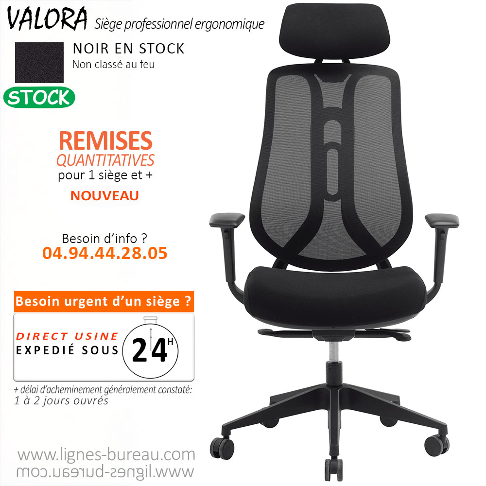 Siège ergonomique VALORA assise haute densité, accoudoirs 3D et têtière réglables
