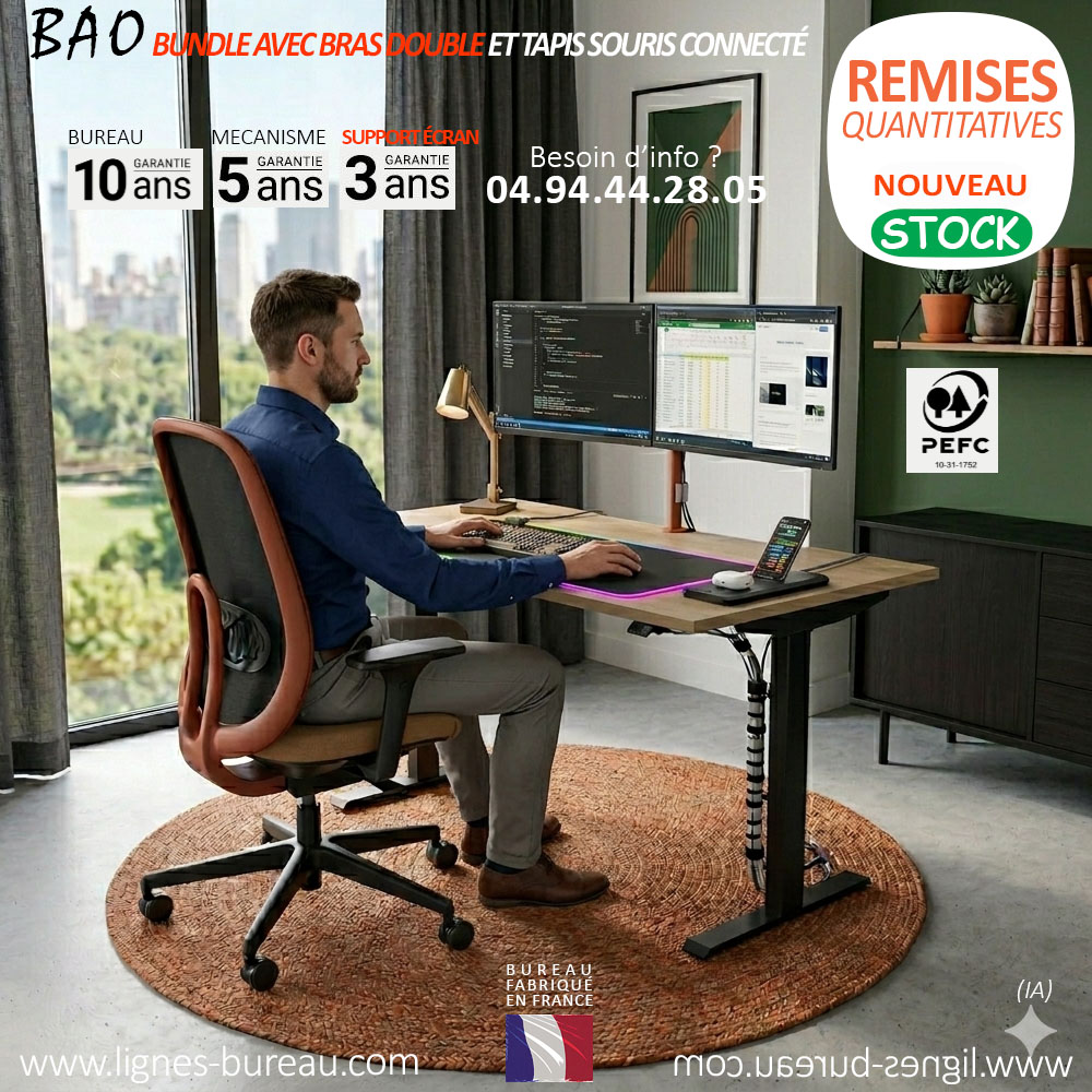 Bureau motorisé avec bras support double pour 2 écrans et tapis souris connecté, BAO