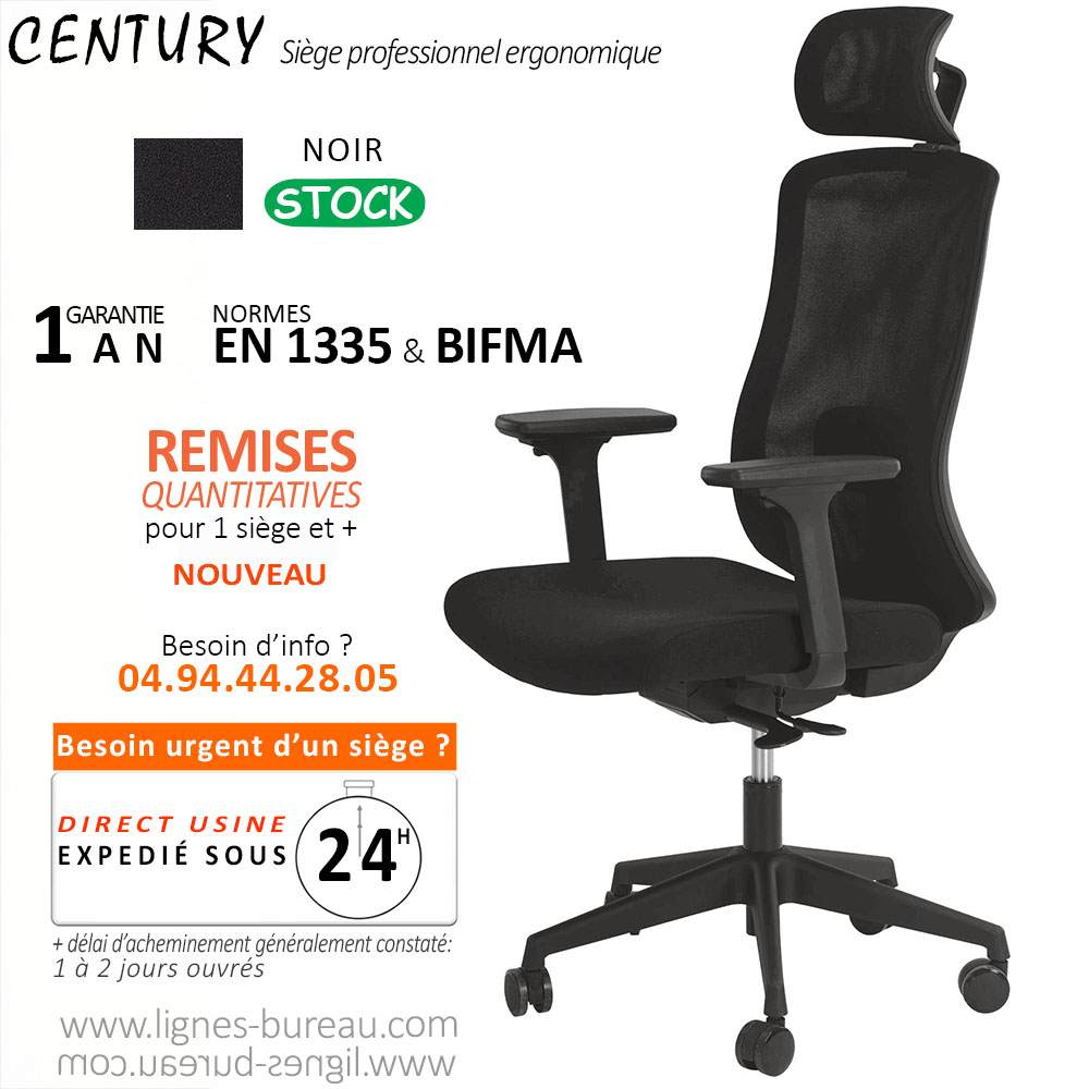 Chaise de bureau 1er prix ergonomique CENTURY noire avec accoudoirs 3D, assise rembourrée et têtière réglable