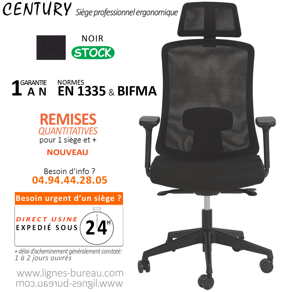 Chaise de bureau ergonomique pas cher CENTURY noire avec dossier filet, têtière et soutien lombaire.