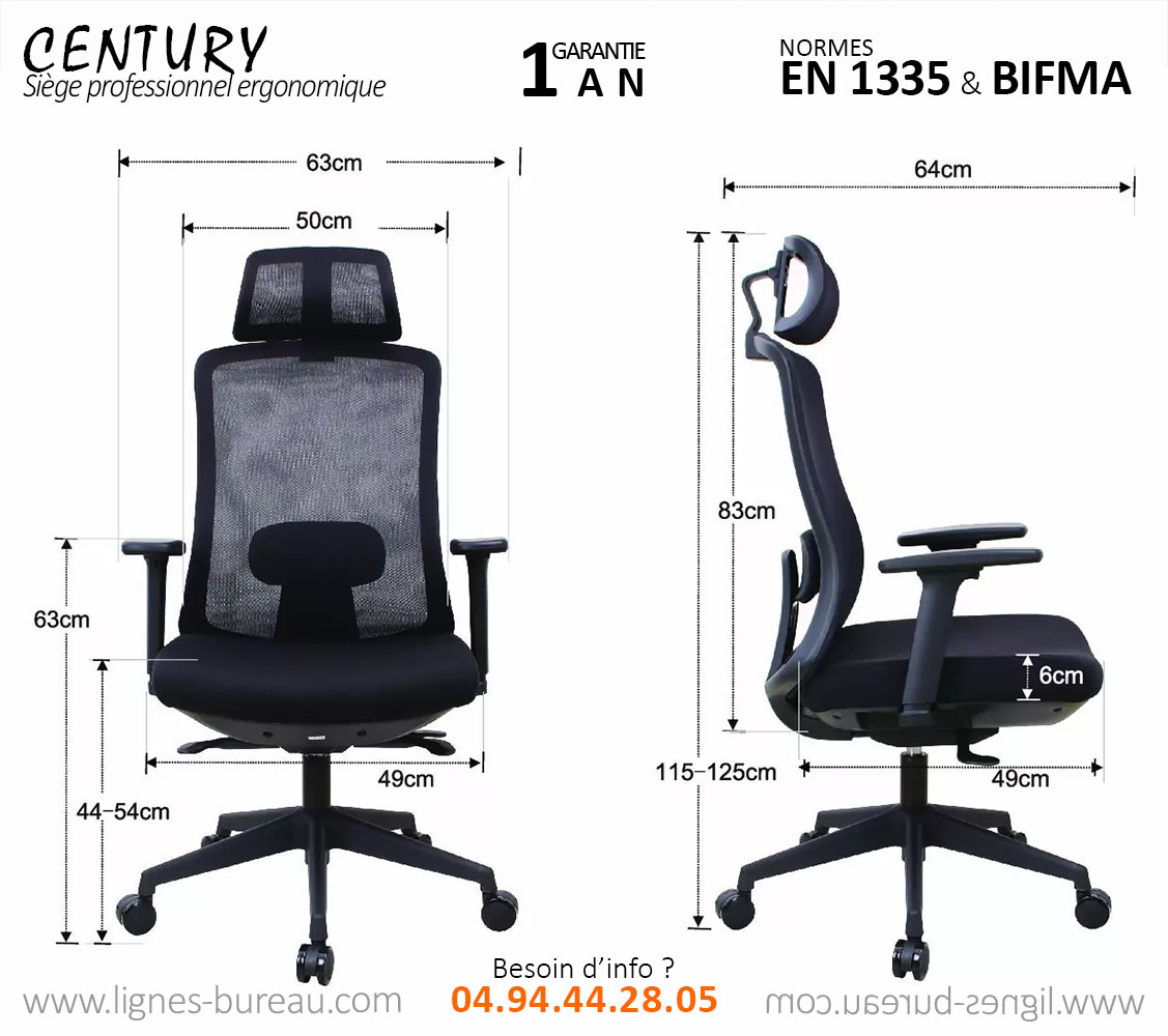 Schéma technique et dimensions de la chaise de bureau ergonomique pas cher CENTURY vue de face et de profil.