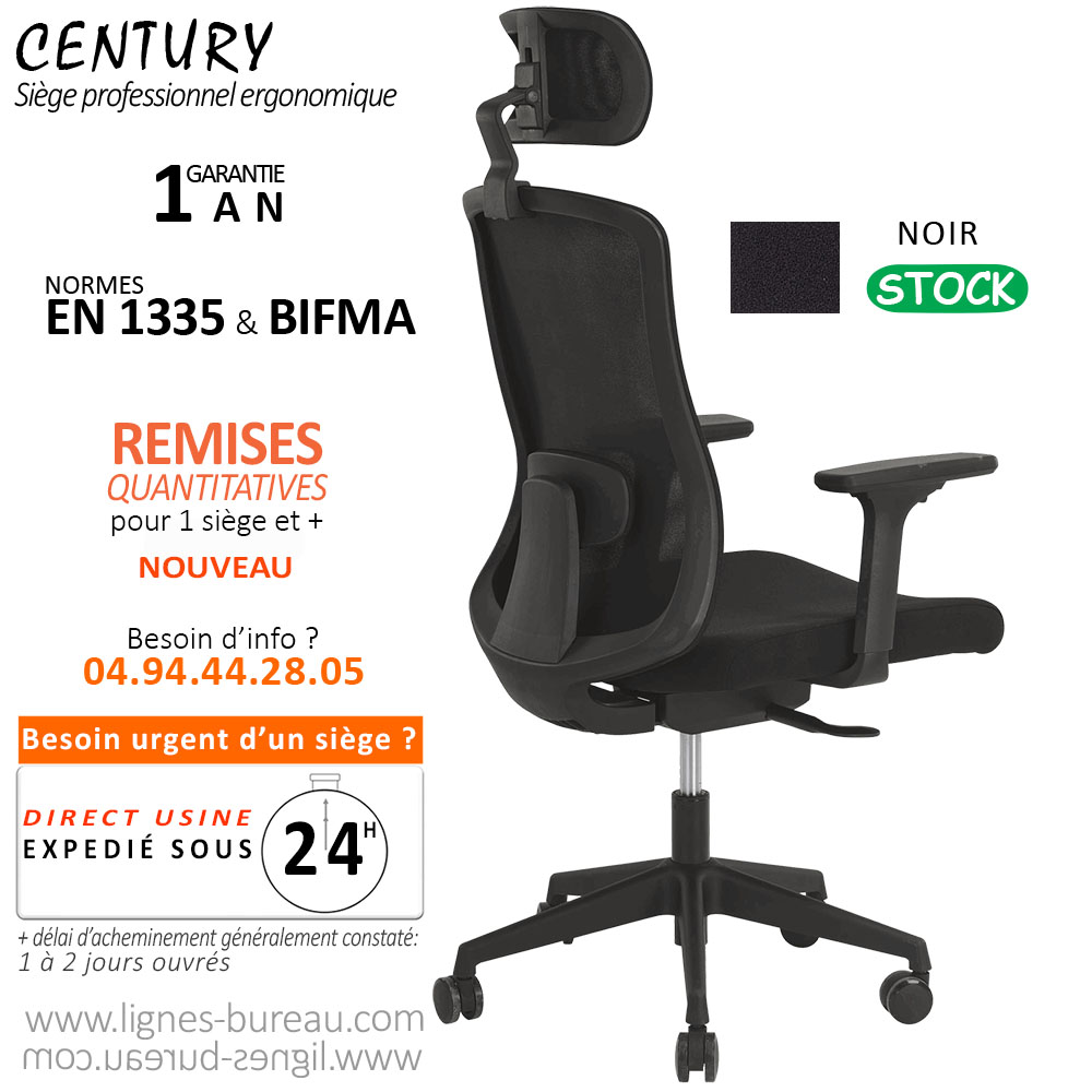 Fauteuil de bureau ergonomique pas cher CENTURY vu de dos, avec soutien lombaire réglable en hauteur et dossier filet noir.