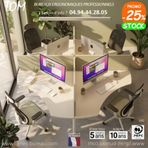 Îlot de 4 bureaux en marguerite Tom avec écrans acoustiques pour call center et formation informatique.