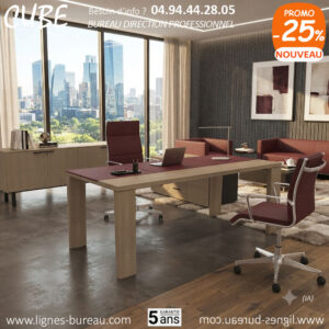 Bureau de direction design contemporain, bois clair avec insert cuir rouge foncé, Cube