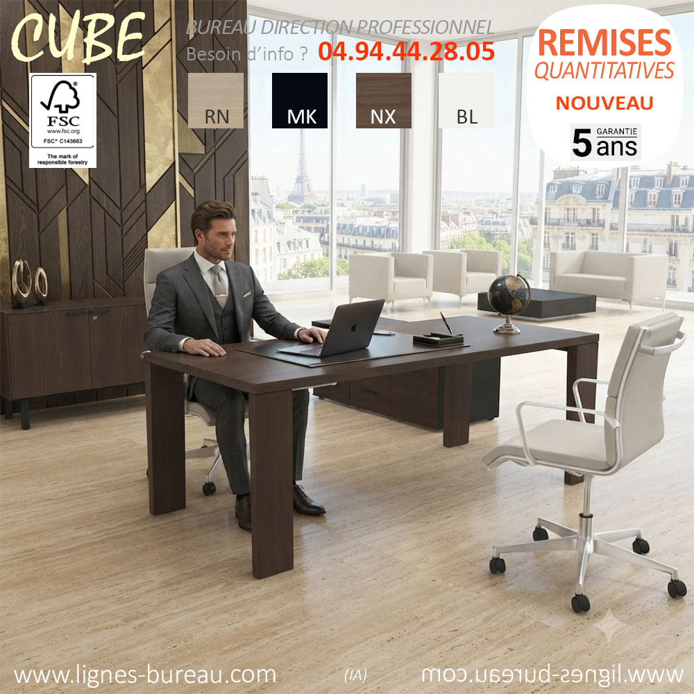 Bureau de direction moderne CUBE en mélaminé noyer foncé