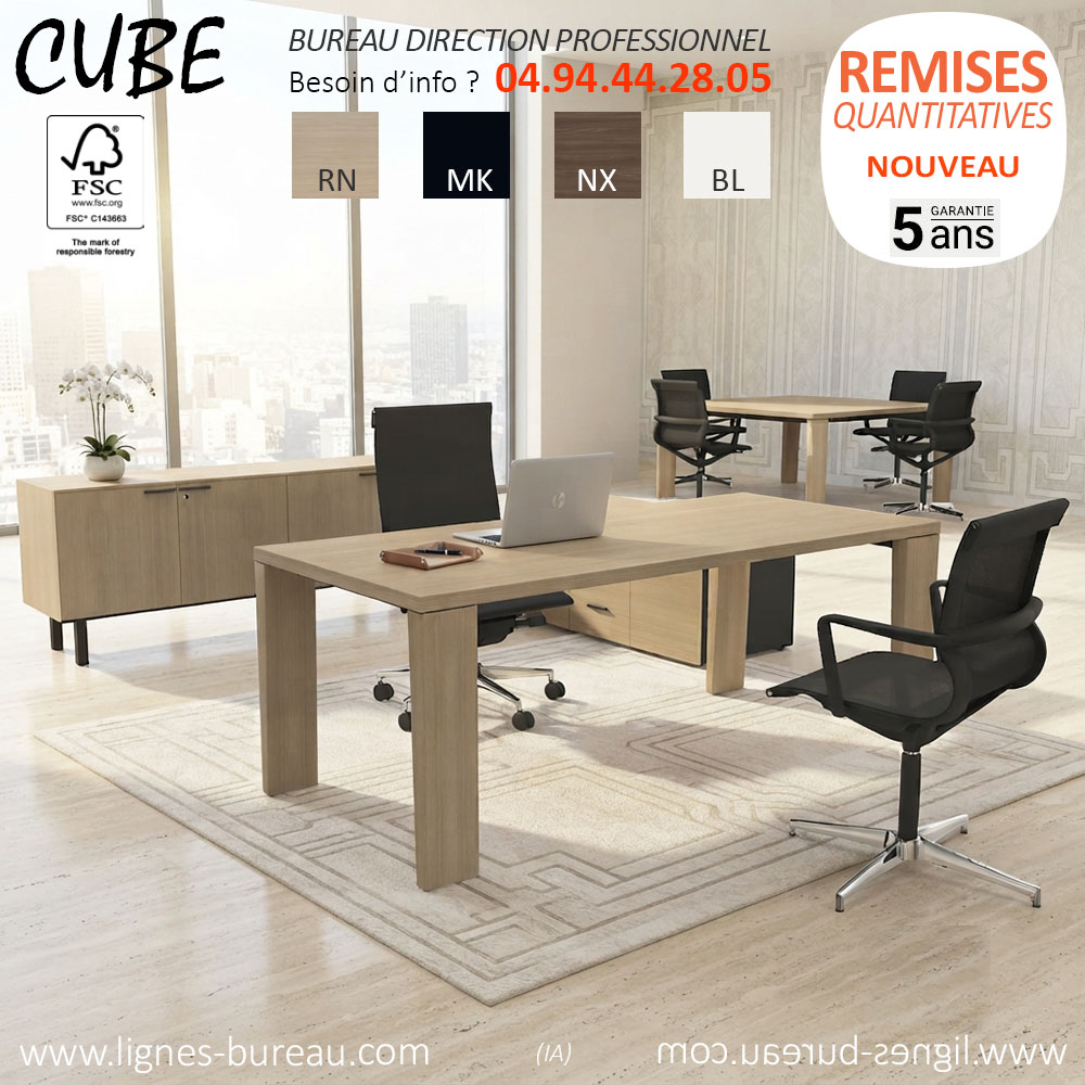 Grand bureau de direction design chêne naturel, CUBE.