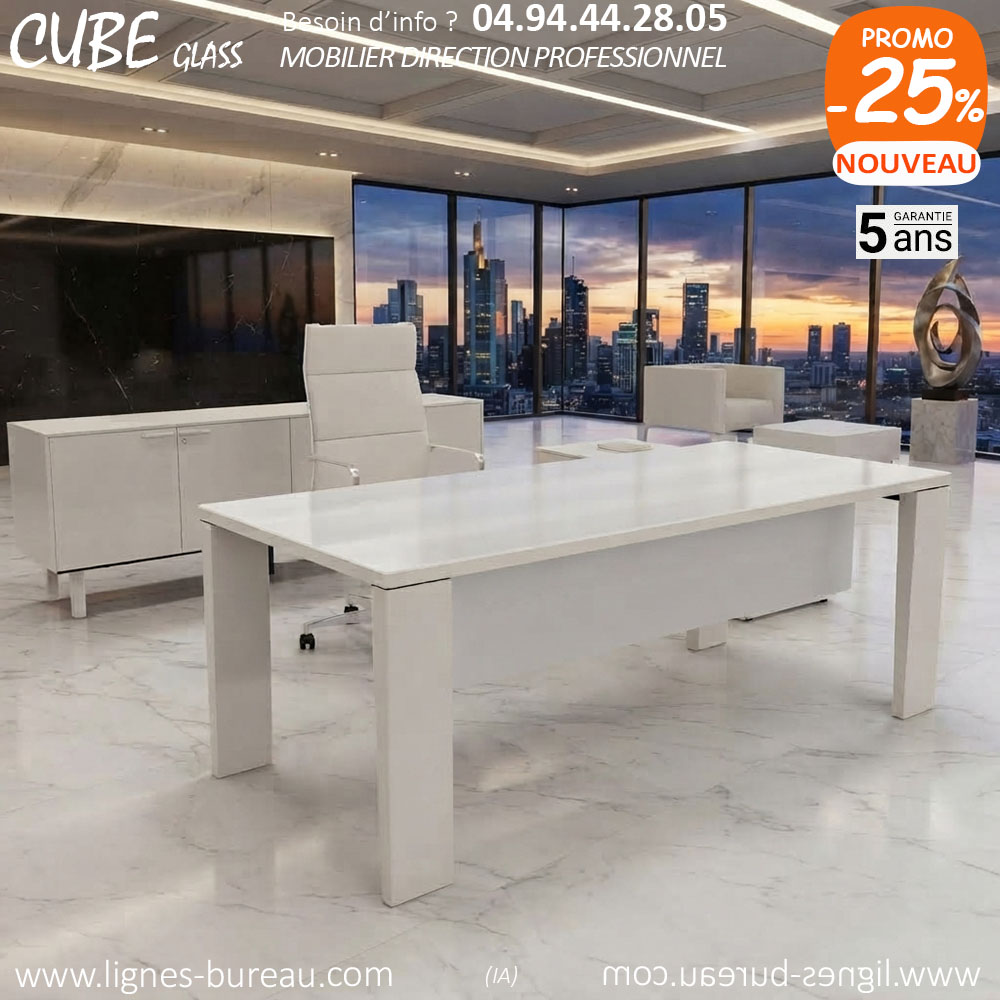 Bureau blanc moderne en verre avec voile de fond CUBE GLASS