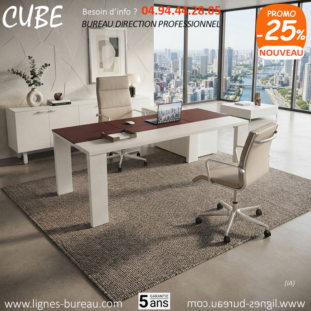 Bureau direction design italien blanc et cuir rouge, CUBE