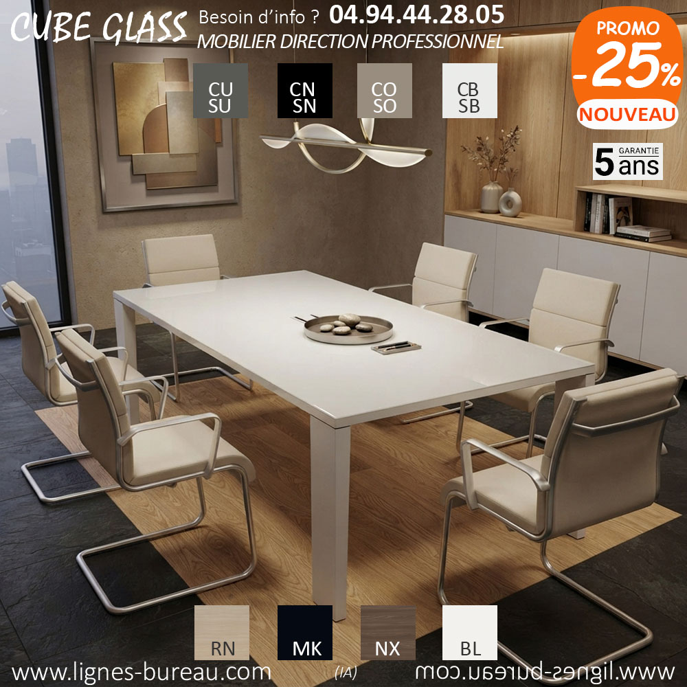 Magnifique table de réunion blanche 8 places avec plateau verre, Cube Glass
