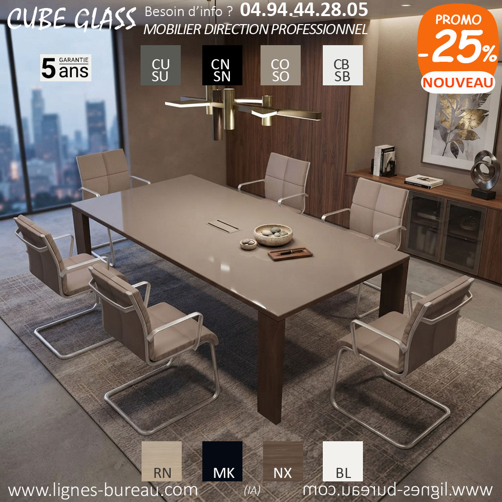Table de conférence luxueuse en verre Beige et Noyer, Cube Glass
