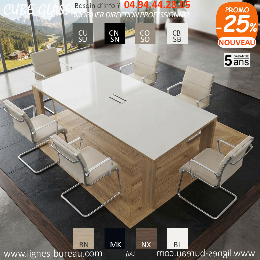 Table de réunion blanche avec plateau en verre, pieds chêne, 8 places, Cube Glass