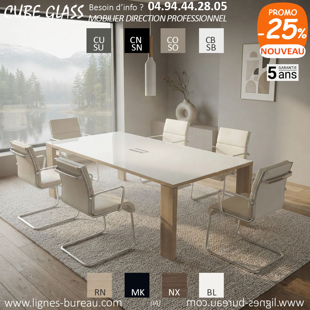 Table de réunion design 8 personnes, verre blanc et chêne naturel, Cube Glass