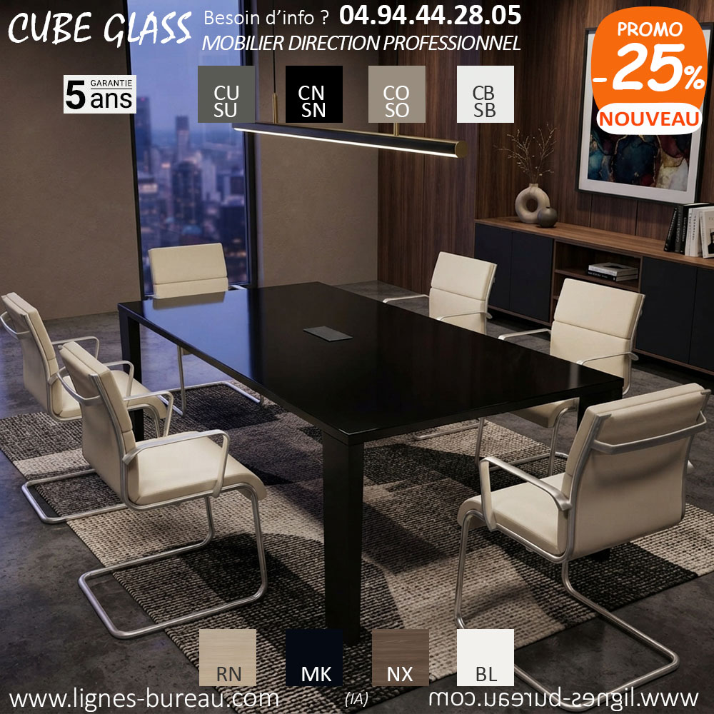 Table de réunion avec plateau verre noir, 8 places, Cube Glass